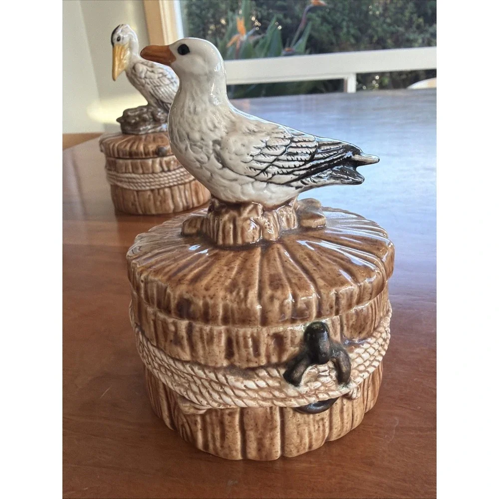 Vintage Coastal Ceramic‎ Seabird Trinket Boxes Pelican & Seagull Nautical Decor